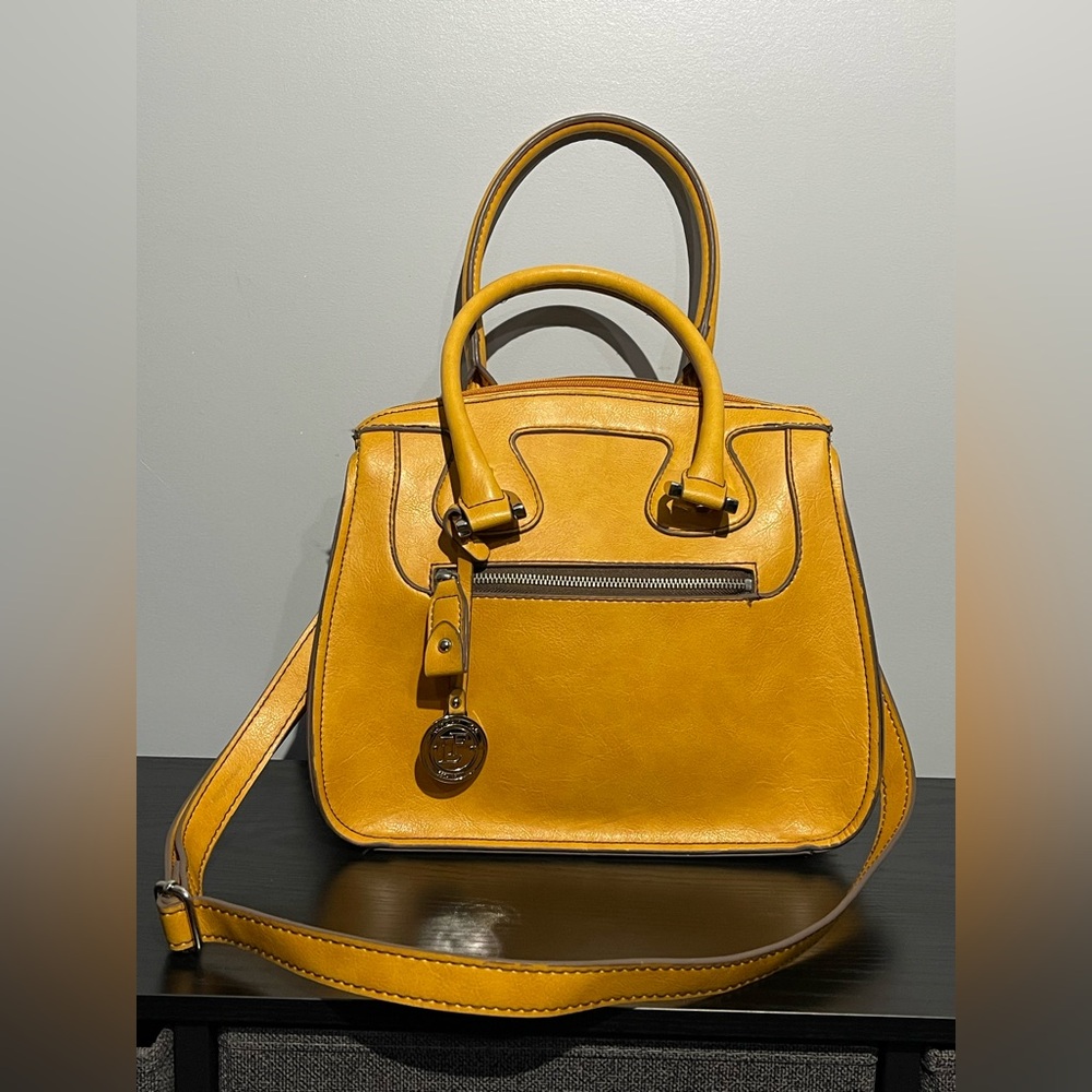 London Fog Yellow Satchel with Structured Design and Gold Accents